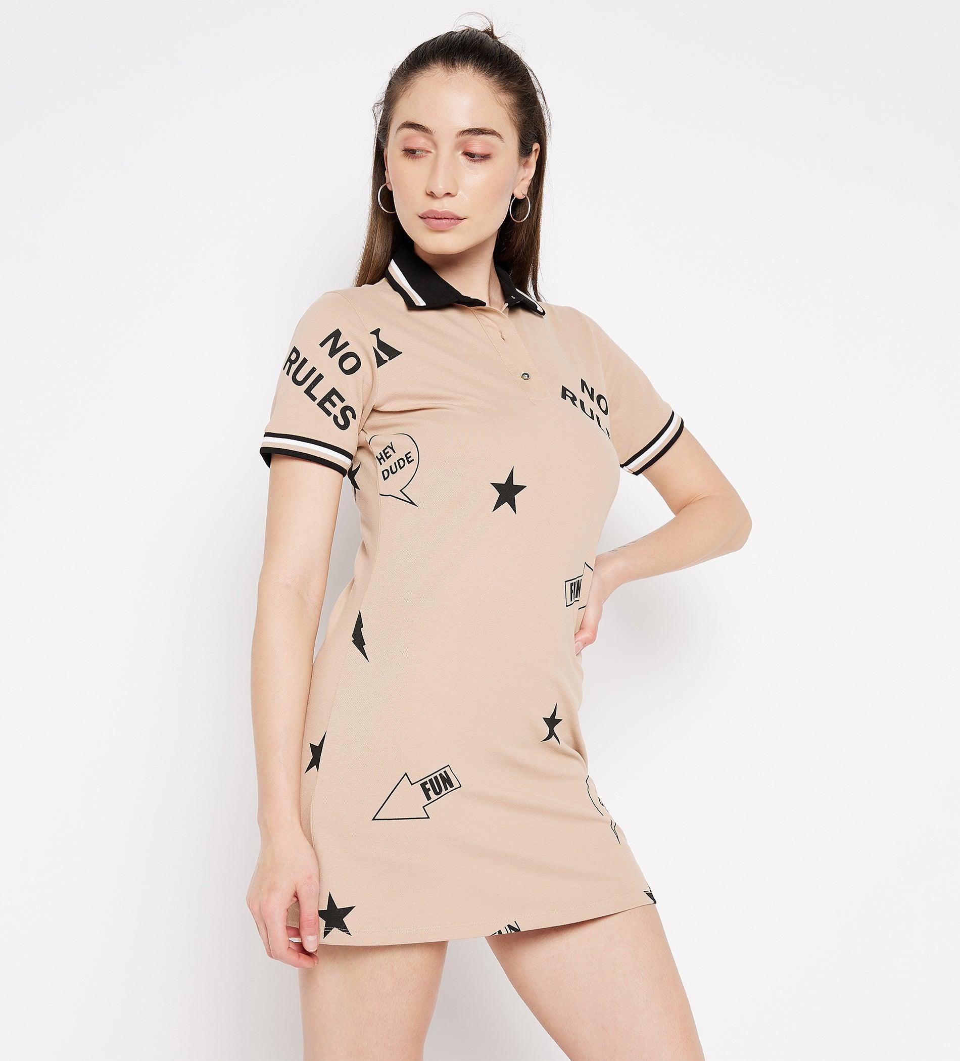 Dresses Printed Dress Cream Printed Polo Regular Fit Dress for Women