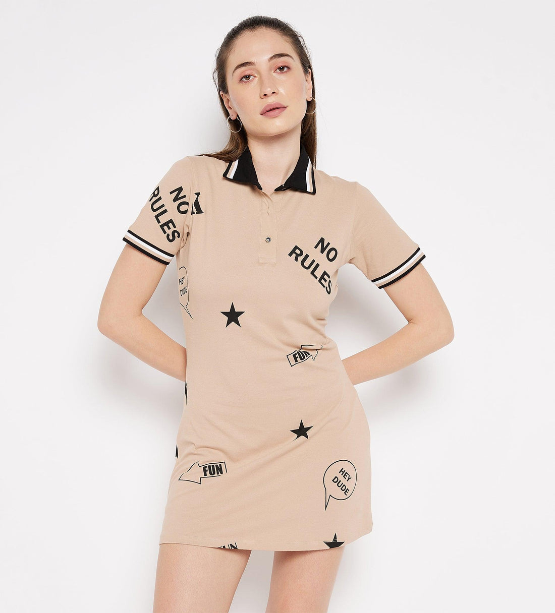 Dresses Printed Dress Cream Printed Polo Regular Fit Dress for Women