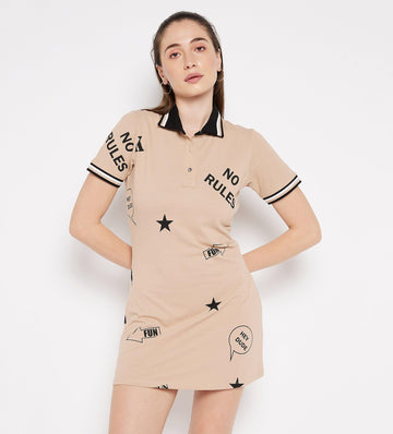 Dresses Printed Dress Cream Printed Polo Regular Fit Dress for Women
