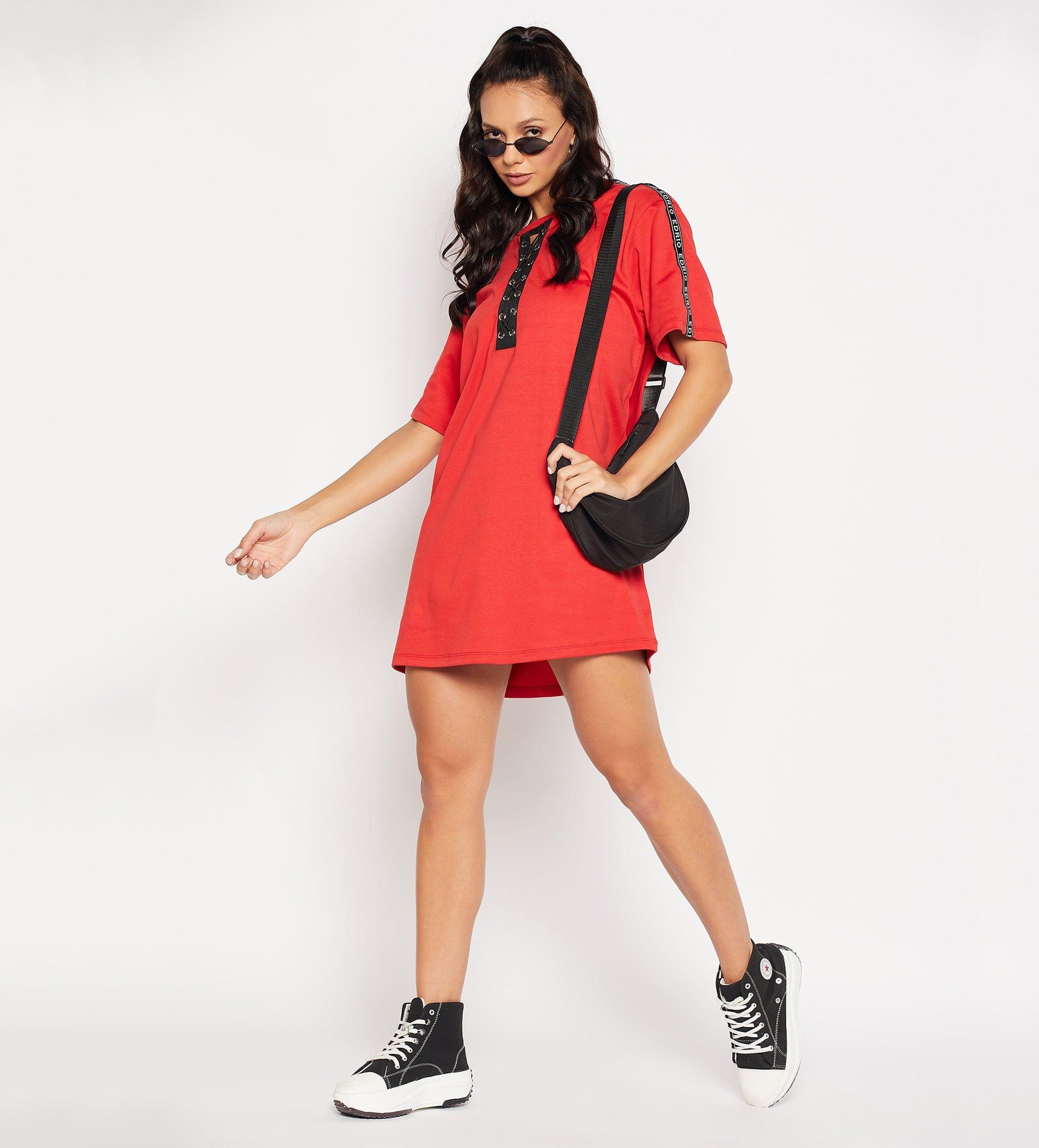 Dresses T Dress Red Eyelets Lace-Up Relaxed Dress for Women