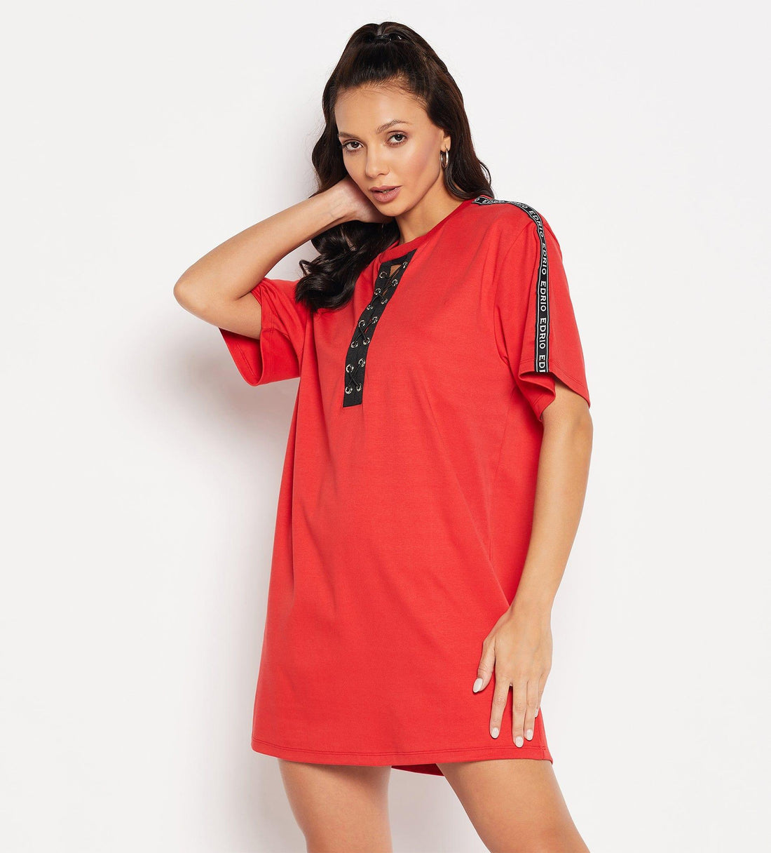 Dresses T Dress Red Eyelets Lace-Up Relaxed Dress for Women