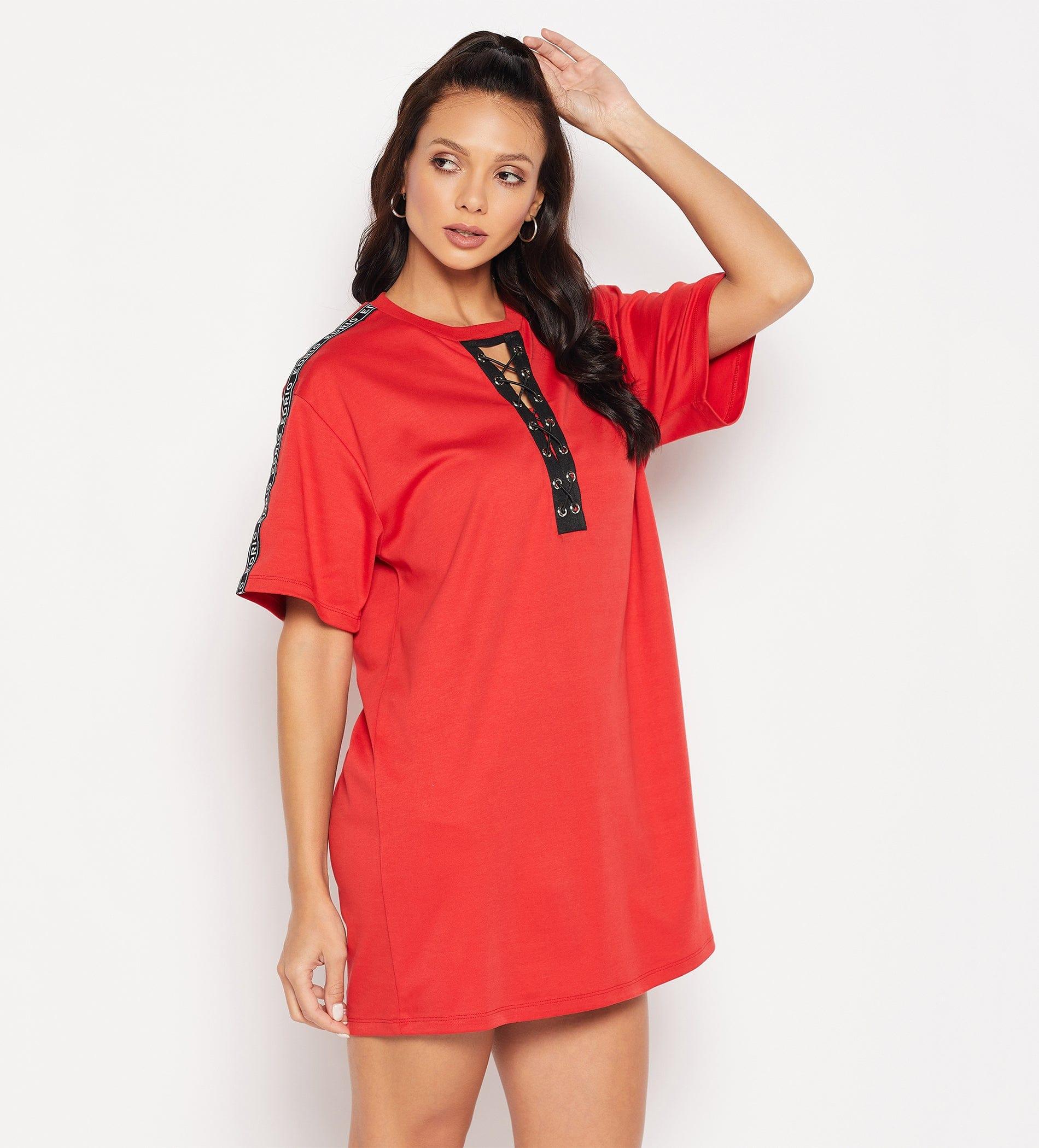 Dresses T Dress Red Eyelets Lace-Up Relaxed Dress for Women