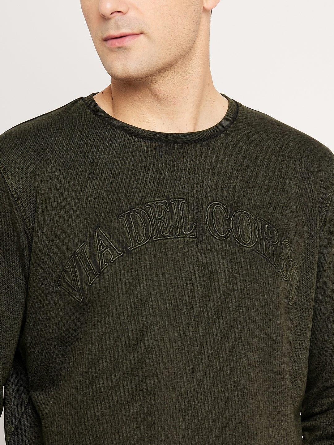 Sweatshirts Solid Sweatshirts Olive Retro Embroidery Sweatshirt for Men