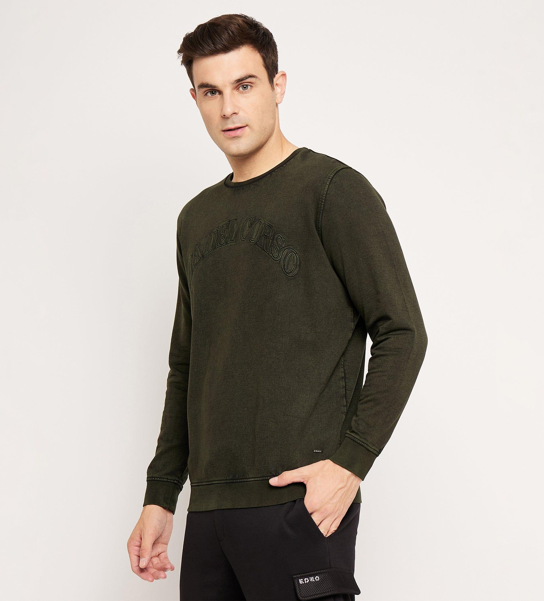 Sweatshirts Solid Sweatshirts Olive Retro Embroidery Sweatshirt for Men