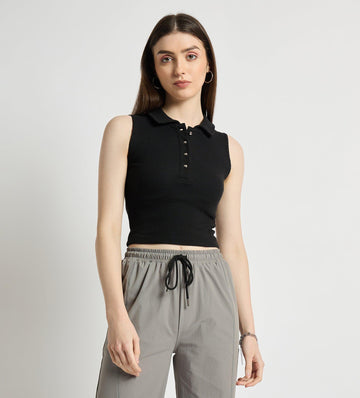 Tanks & Tops Crop Top Polo Neck Ribbed Tank Top
