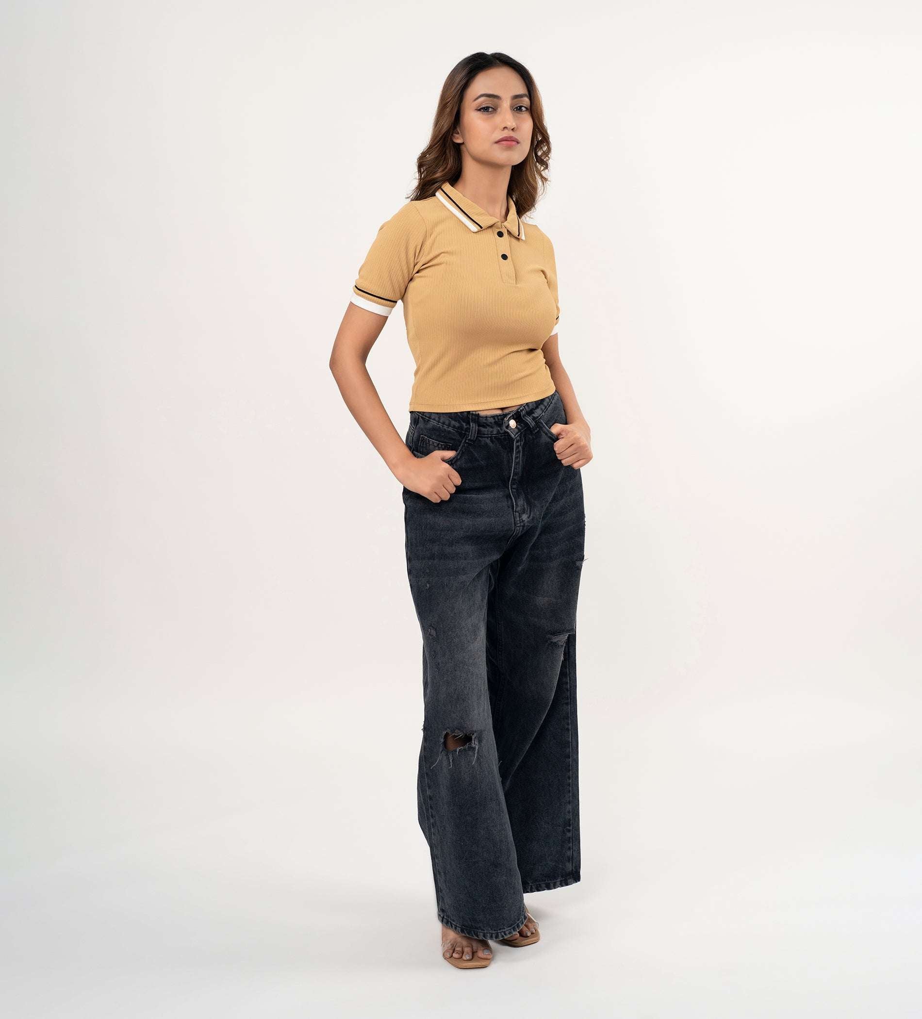 Tanks & Tops Polo T-Shirt Chic Mustard Polo Collar Top