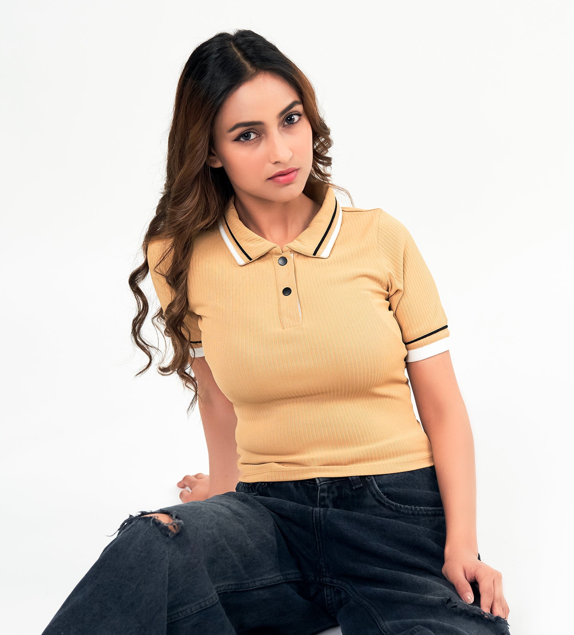 Tanks & Tops Polo T-Shirt Chic Mustard Polo Collar Top