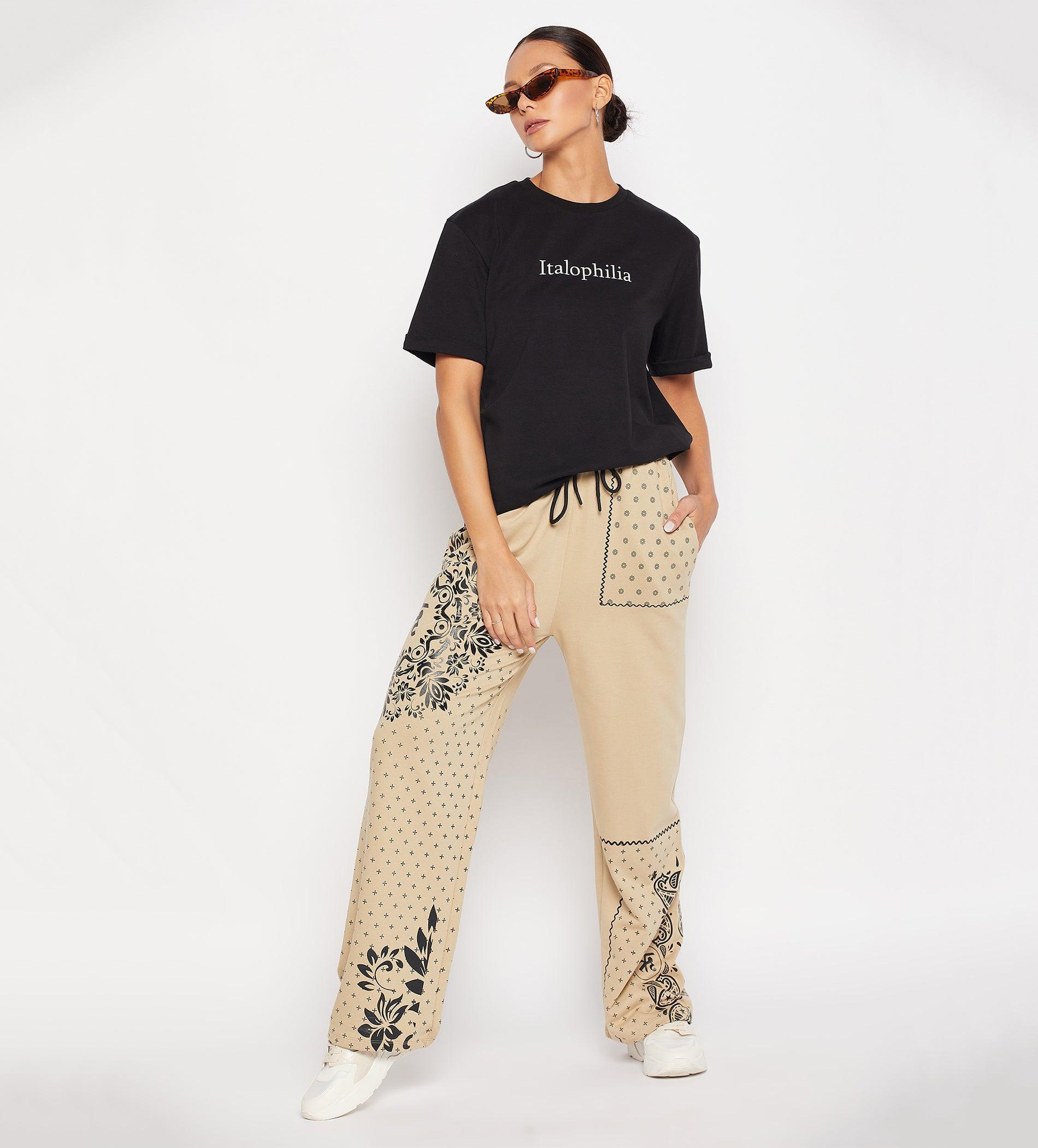 Track Pants Drawstring Trackpants Camel Bandana print wide leg trouser for Women