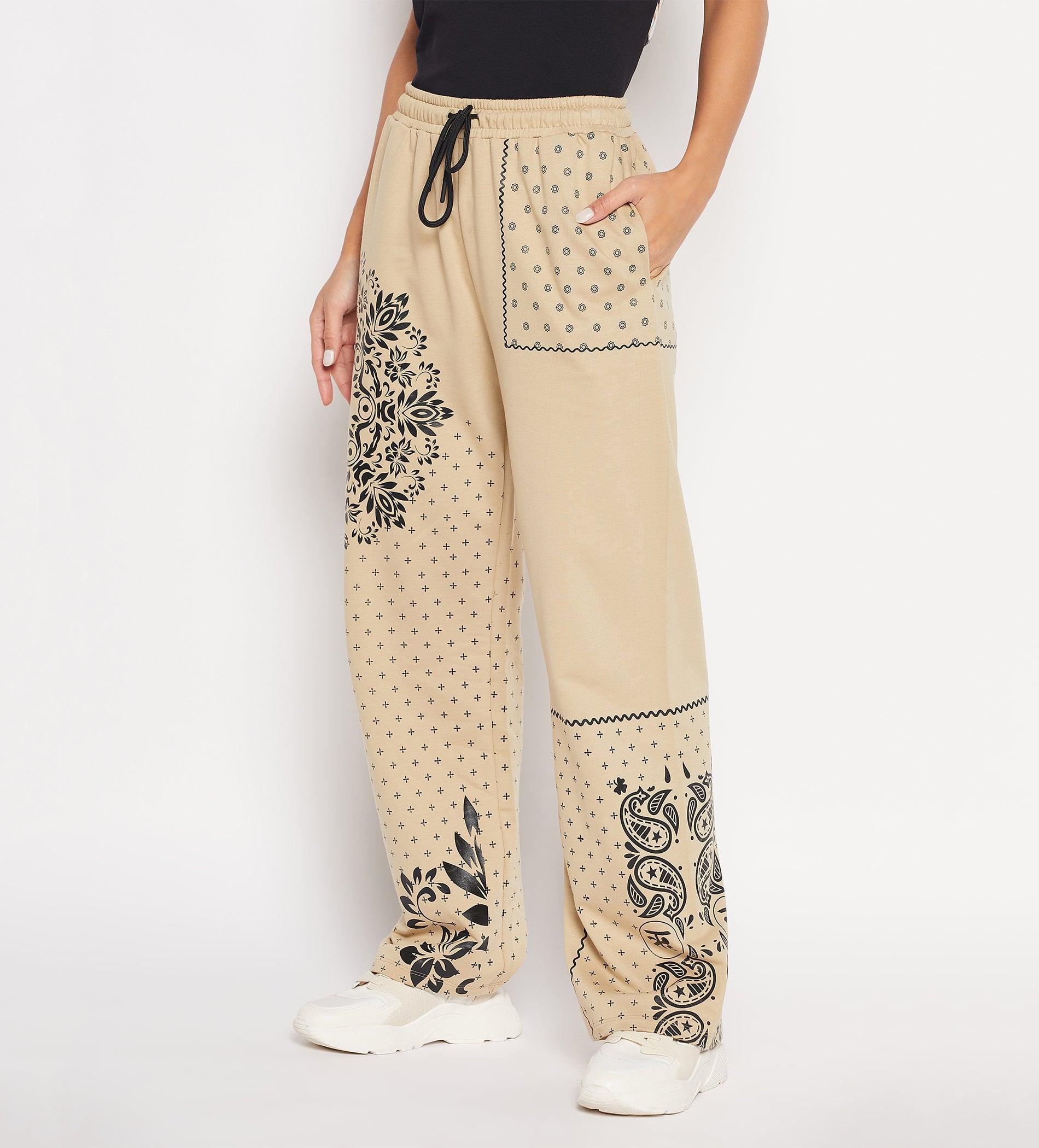 Track Pants Drawstring Trackpants Camel Bandana print wide leg trouser for Women