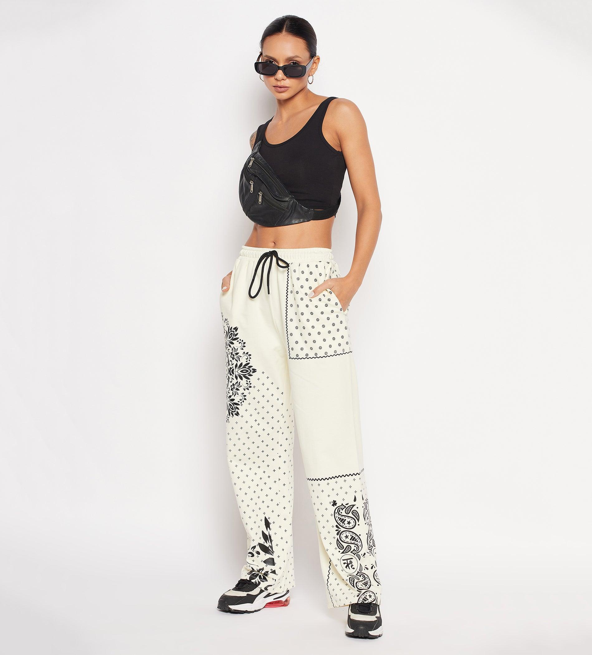Track Pants Drawstring Trackpants Off-White Bandana Print Wide Leg Trouser for Women