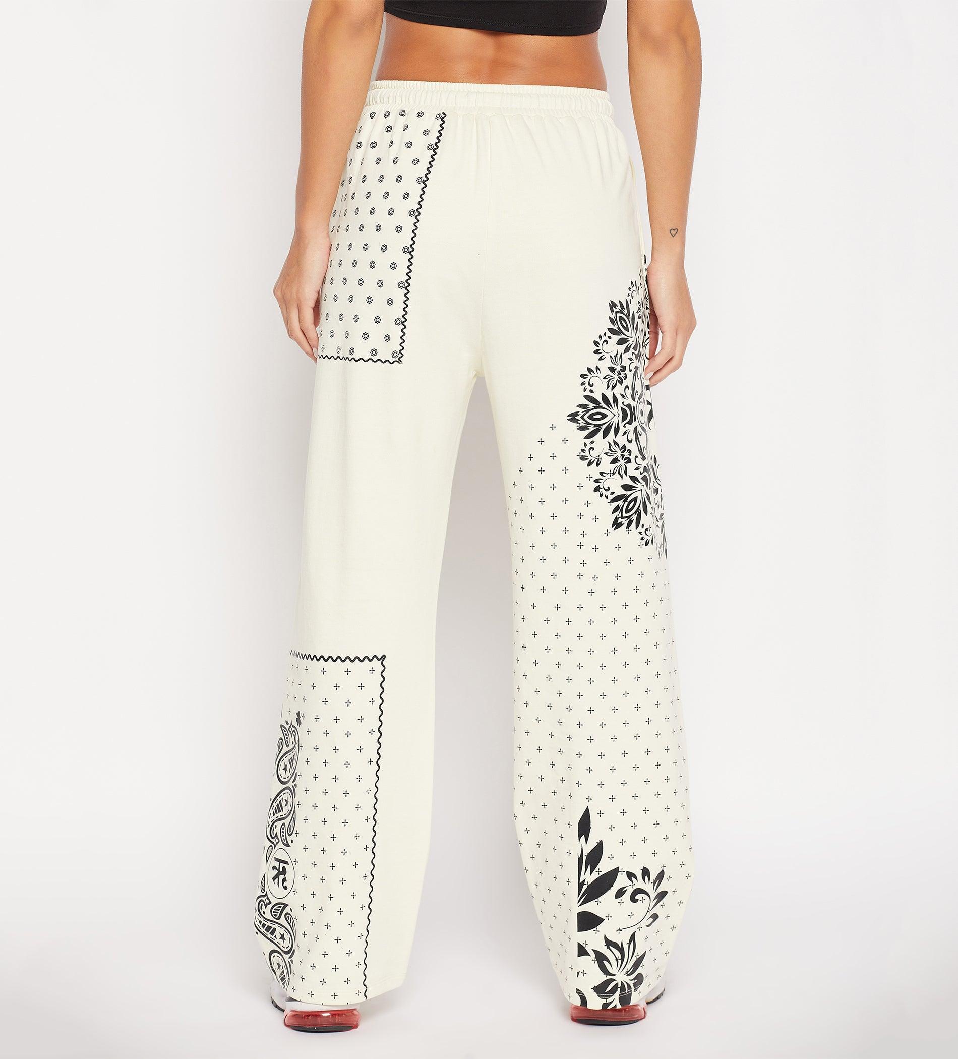 Track Pants Drawstring Trackpants Off-White Bandana Print Wide Leg Trouser for Women