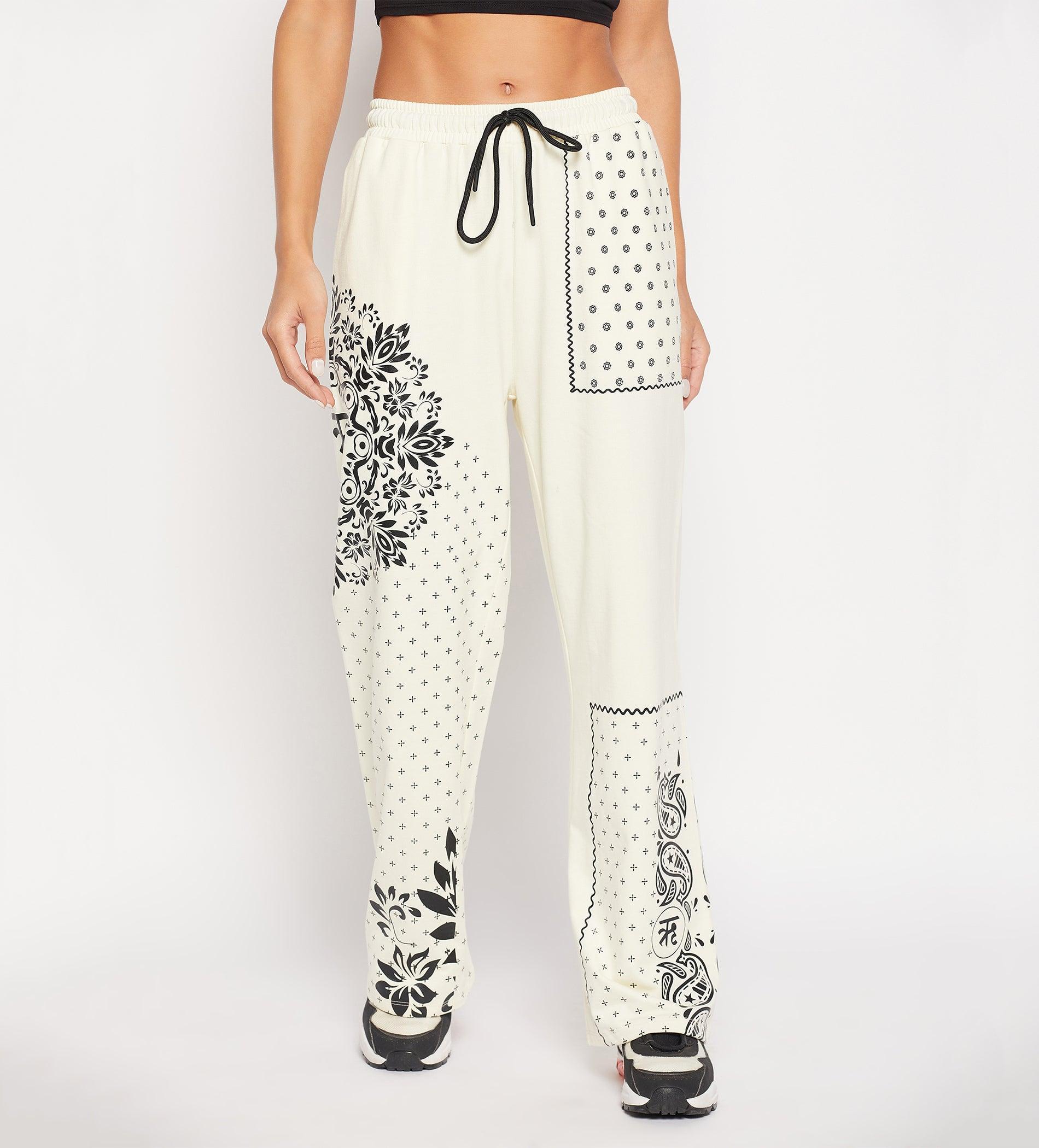 Track Pants Drawstring Trackpants Off-White Bandana Print Wide Leg Trouser for Women
