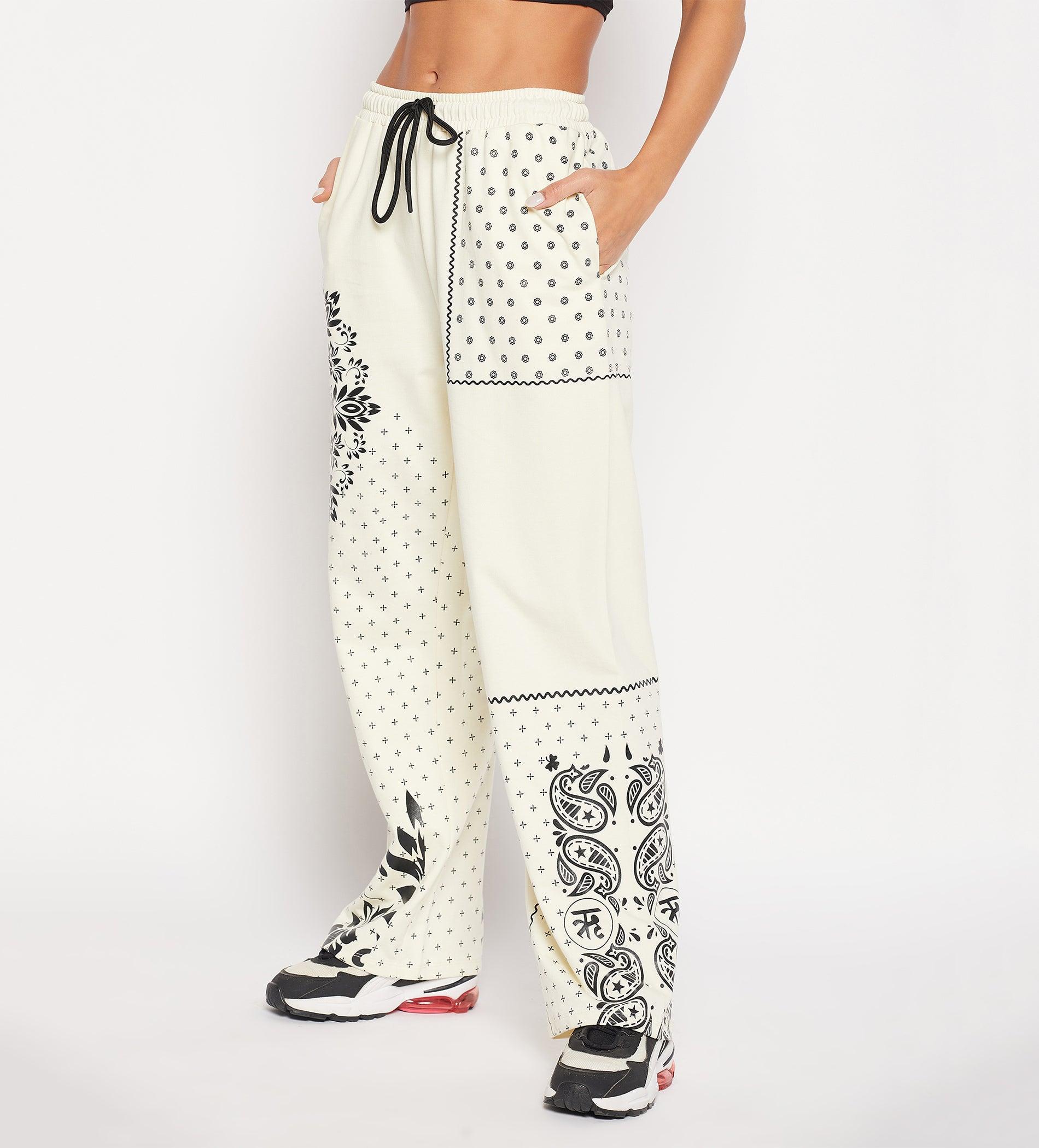 Track Pants Drawstring Trackpants Off-White Bandana Print Wide Leg Trouser for Women